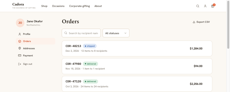 Customer account order history listing gift orders by reference