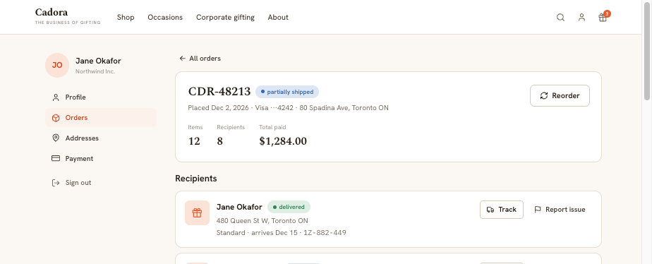 Enhanced customer order page tracking each gift by recipient