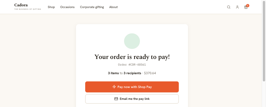 Draft order ready to pay, handing off to Shop Pay with an option to email the pay link
