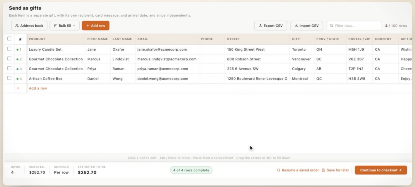 Spreadsheet view of the gift worksheet — one row per gift with product, recipient, address and gift message columns
