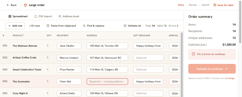 Gift worksheet with a row flagged for a missing address and a fix-two-errors prompt before continuing